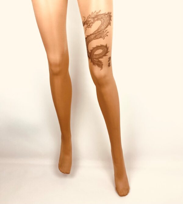 Women's nude pantyhose printed fake "dragon" tattoo