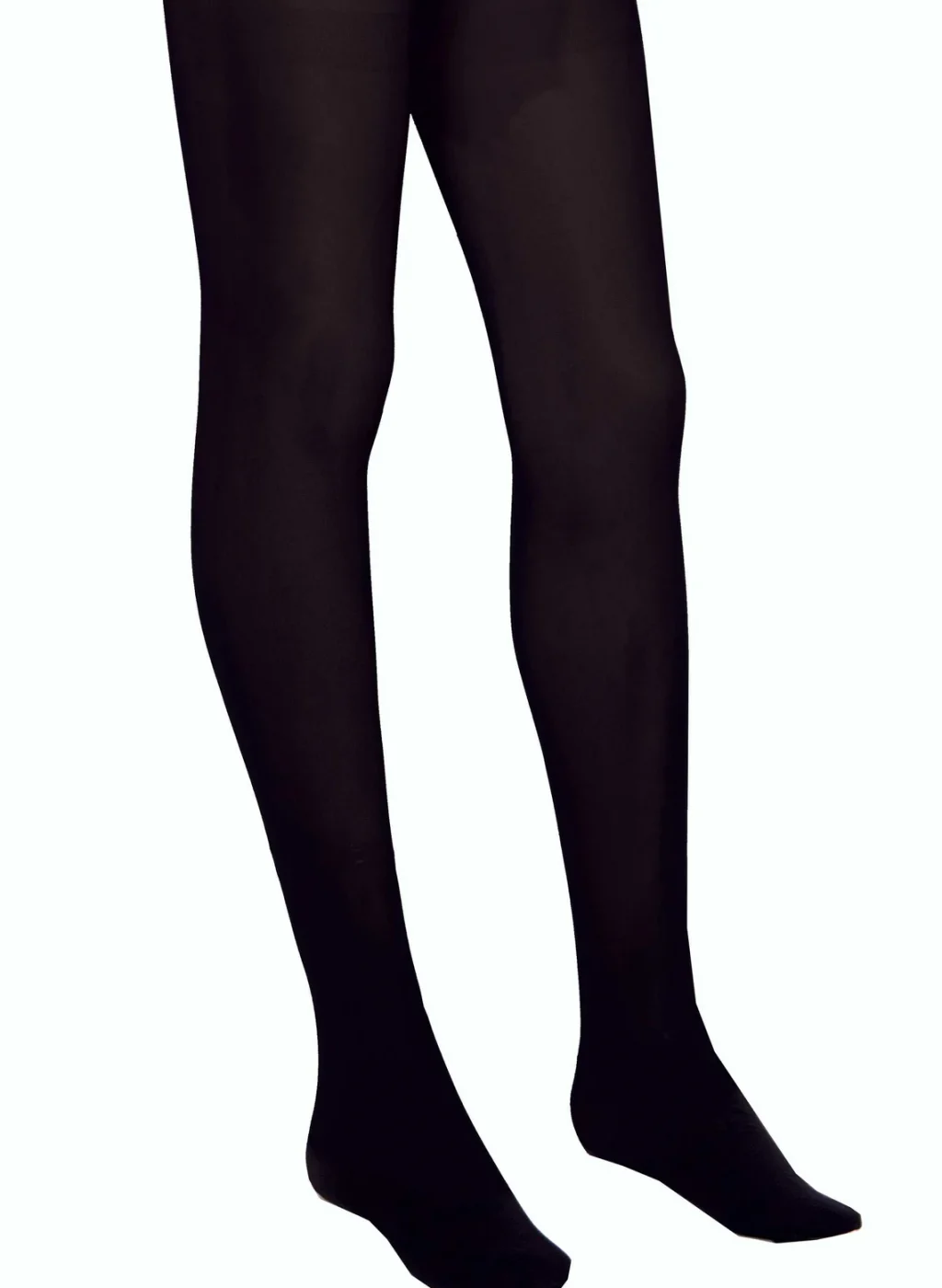Pantimedias negras opacas mostrando piernas rectas sobre fondo blanco | Black opaque tights showing straight legs on white background