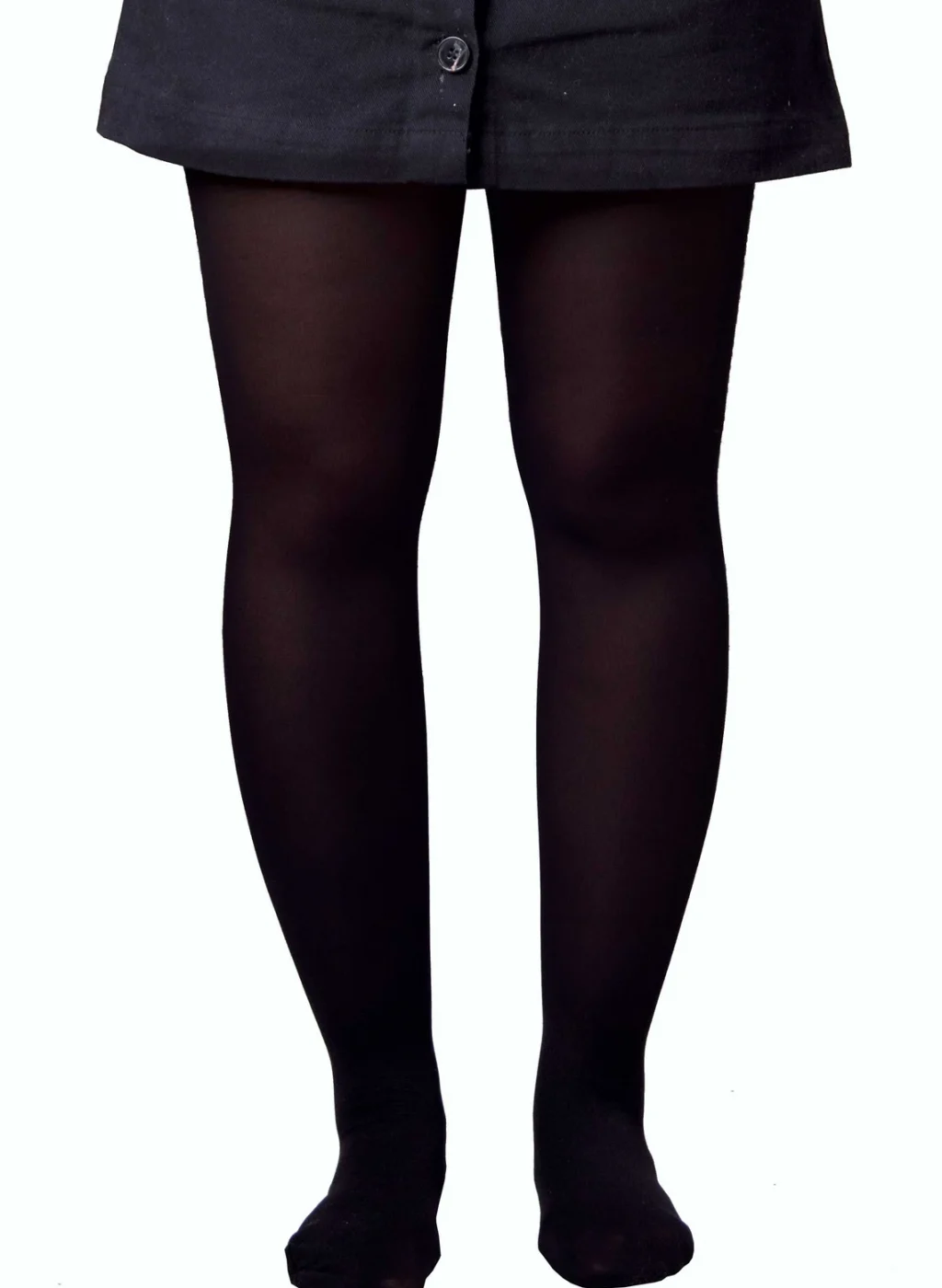 Pantimedias negras opacas con falda gris sobre fondo blanco | Black opaque tights with grey skirt on white background
