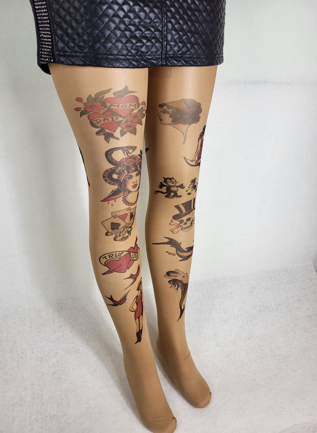 Pantimedias beige 40 denier con estampado Old Fashion Tattoo estilo vintage retro
