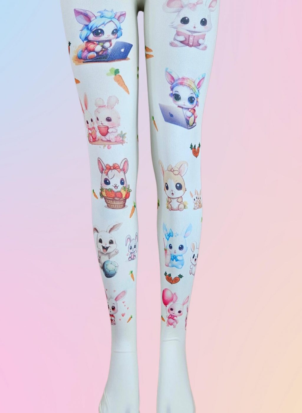 Medias infantiles blancas con dibujos kawaii de conejitos y zanahorias, piernas juntas sobre fondo degradado en tonos pastel. White kids tights with kawaii bunny and carrot designs, legs together on a softly blended pastel background.
