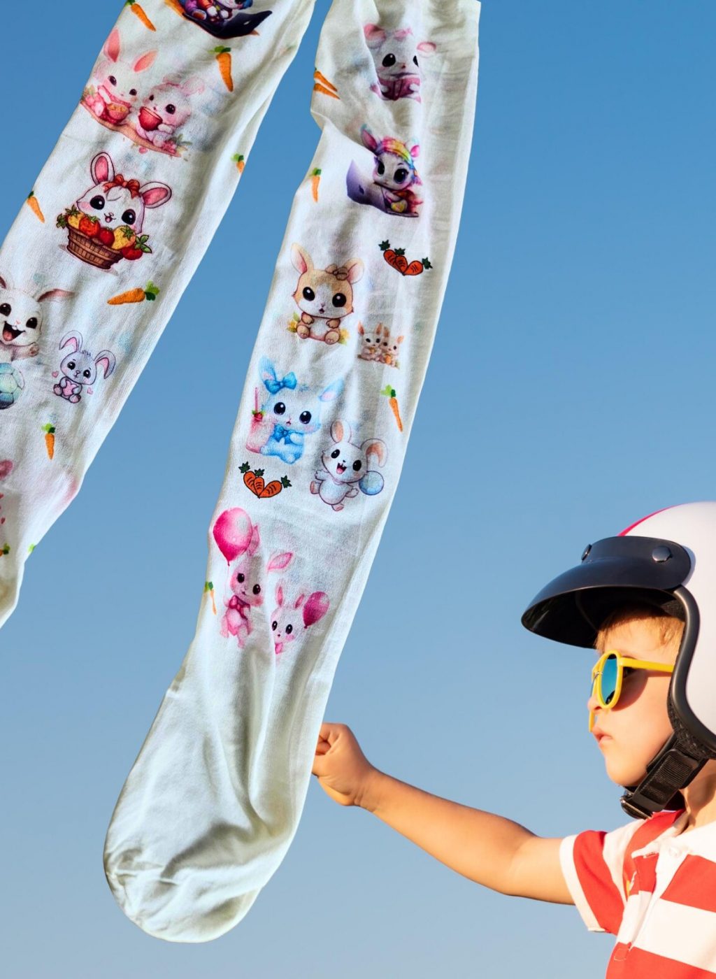 Medias infantiles blancas con dibujos kawaii de conejitos y zanahorias, colgando en el aire junto a un niño con casco de estrella sobre fondo de cielo azul. White kids tights with kawaii bunny and carrot designs, hanging in the air next to a child wearing a star helmet against a blue sky background.