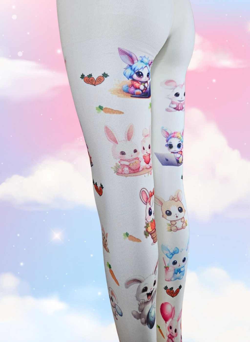 Medias infantiles blancas con dibujos kawaii de conejitos y zanahorias, piernas juntas sobre fondo de cielo pastel con nubes. White kids tights with kawaii bunny and carrot designs, legs together on a pastel sky background with soft clouds.